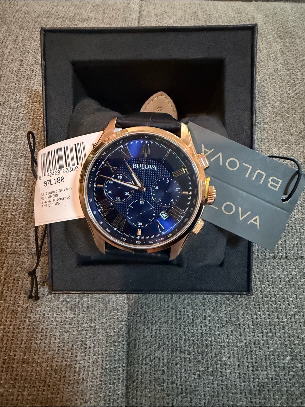 Bulova Rose Gold Case Blue Dial Chronograph with Black Strap